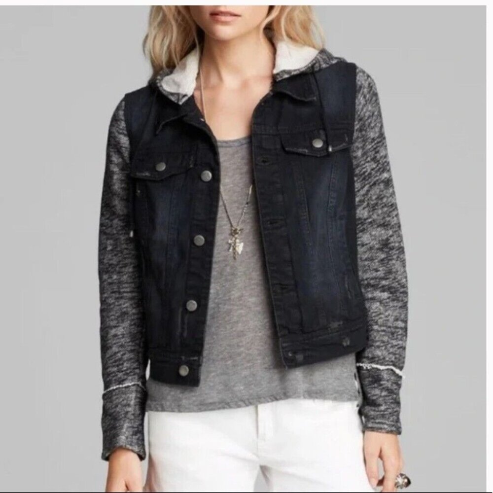 Free People Distressed Denim Jacket w/ Sweatshirt Sleeves